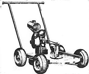 1920s — One of the first rotary power mowers, produced in the late 1920s. Note the belt drive.